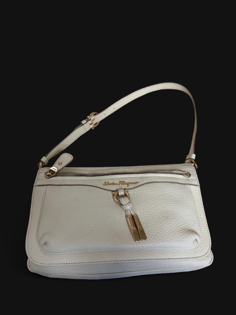 Authentic Salvatore Ferragamo White Leather Shoulder Bag